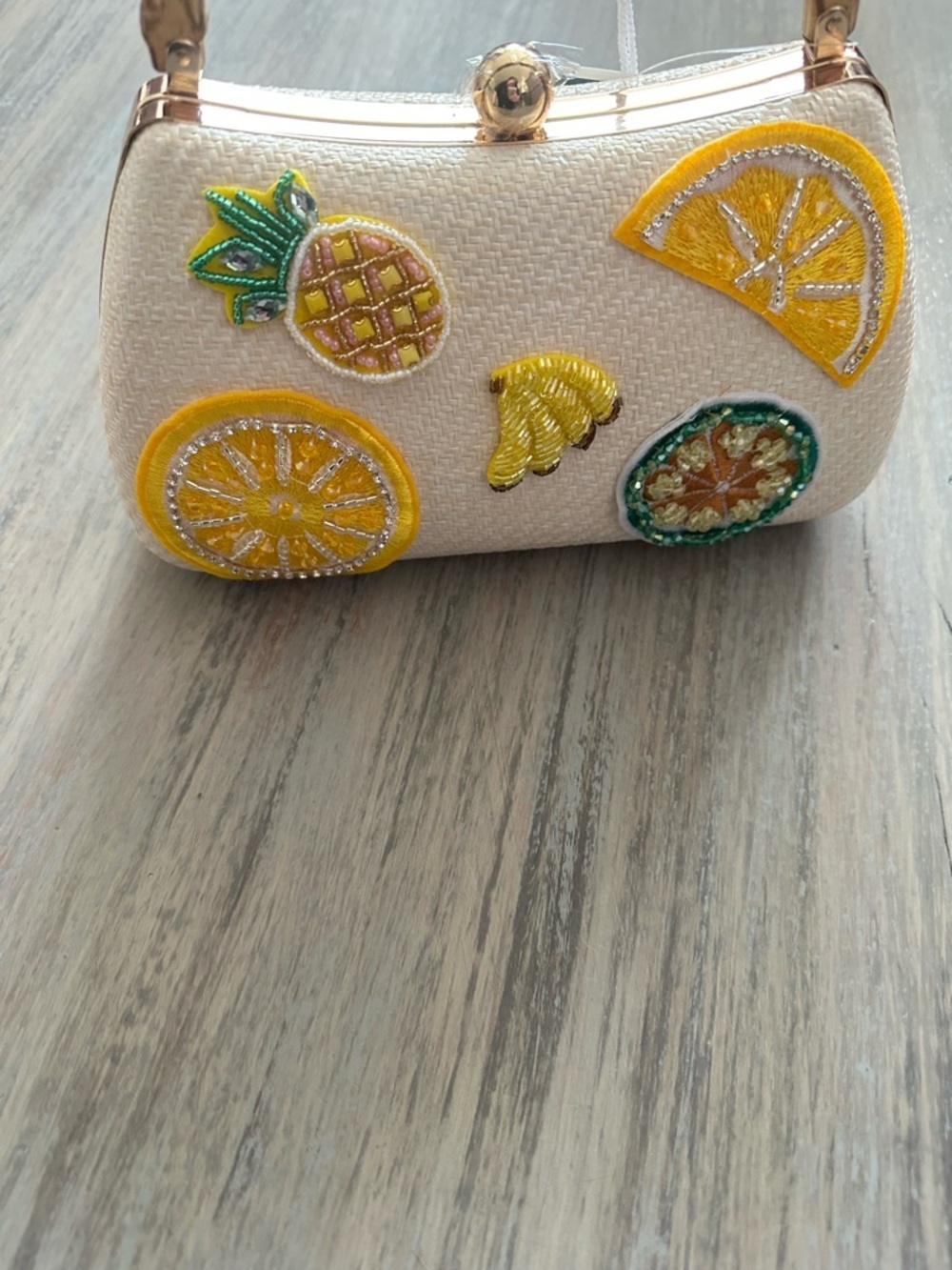 Haute Hippie Cream Straw Clutch Handle Crossbody with Fruit Appliqués - Picture 4 of 7